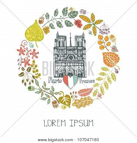 Autumn in Paris.Leaves wreath and Notre Dame