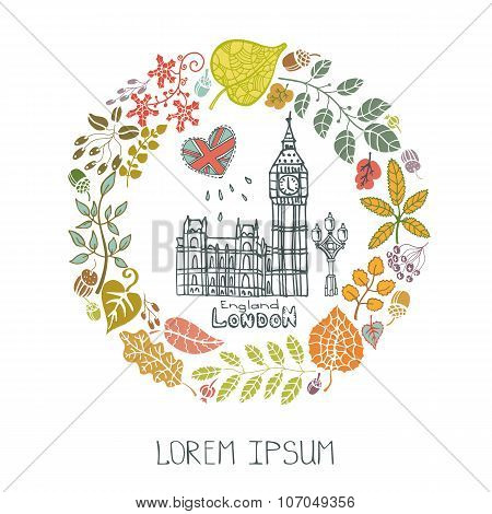 London  landmark.Autumn leaves wreath,Big Ben