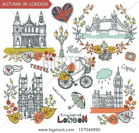 London  landmark.Autumn leaves wteath group