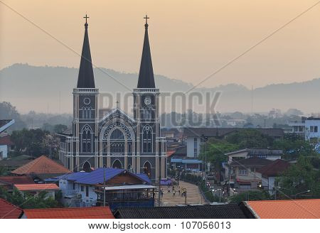Chanthaburi province, Thailand - March 22 : Catholic Church during sunrise at  on March 22, 2015 in