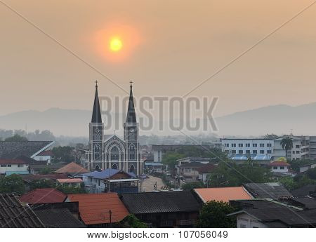 Chanthaburi province, Thailand - March 22 : Catholic Church during sunrise at  on March 22, 2015 in