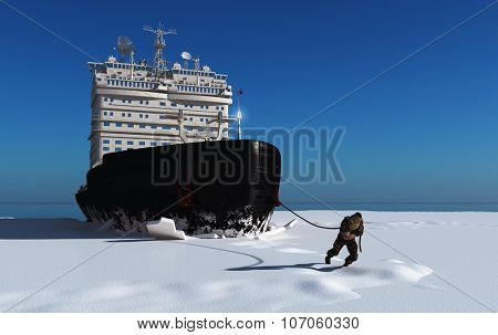 Man pulls a rope icebreaker.