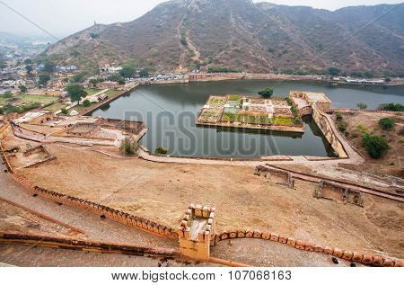 Aerial view on Maota Lake and Garden of ancient Amber Fort