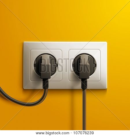 Realistic electric white double socket and two black plastic plugs on yellow wall background