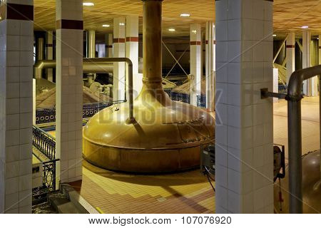 ST. PETERSBURG, RUSSIA - OCTOBER 24, 2015: Vintage brewing boiler at the Baltika - St Petersburg brewery during the October Beer Festival. The boiler now is not used in production