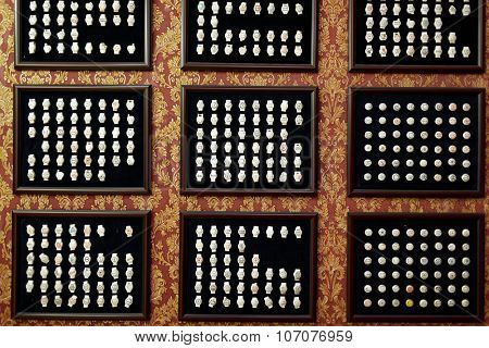 ST. PETERSBURG, RUSSIA - OCTOBER 24, 2015: Collection of beer bottle caps at the Baltika - St Petersburg brewery during the October Beer Festival. The brewery is providing guided tours to the plant