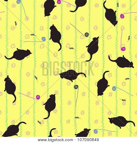 Seamless pattern of cats, mice and balls on a yellow background with flowers.