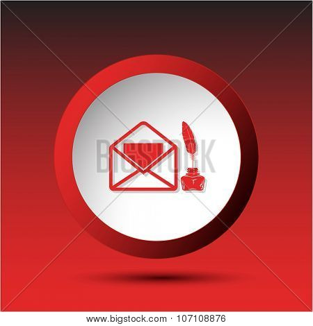 mail with feather and inkstandn . Plastic button. Raster illustration.