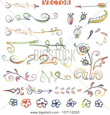 Doodle floral decor set.Colored watercolor,crayon sketched