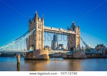 Tower bridge at sunrise with clear blue sky, London, UK