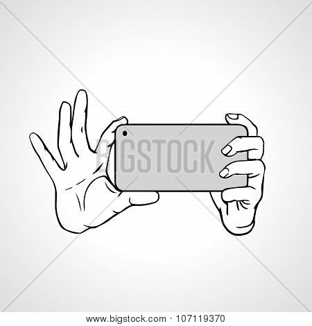 Taking Selfie Photo on Smart Phone concept. Outline vector illustration