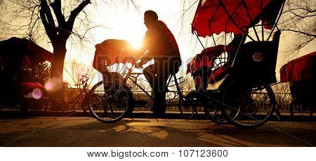 Man Riding Rickshaw Bicycle Cycling Concept