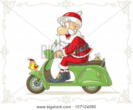 Santa Claus On A Scooter With A Small Gift Vector Cartoon