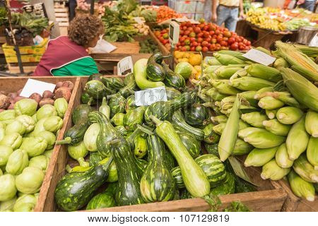 FUNCHAL, MADEIRA, PORTUGAL - JUNE 29, 2015: Bustling fruit and vegetable market in Funchal Madeira on June 29, 2015.