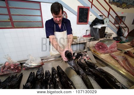 Funchal, Madeira, Portugal - June 29, 2015:  Black Scabbard Fish On A Market