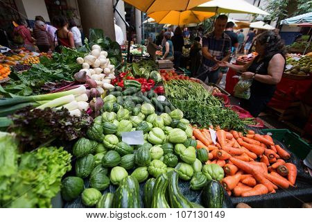Funchal, Madeira, Portugal - June 29, 2015: Bustling Fruit And Vegetable Market In Funchal Madeira