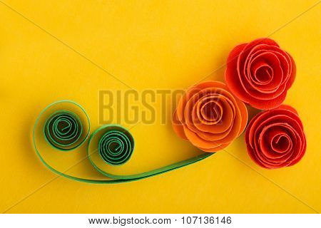 Paper Rose Flowers Made With Quilling Technique On Yellow Background