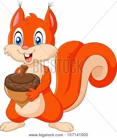 Cartoon squirrel holding pinecone isolated on white background