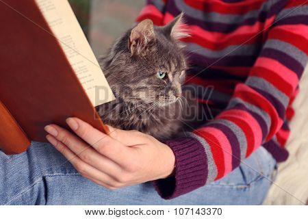Reading woman sitting on window boar with cat on knees