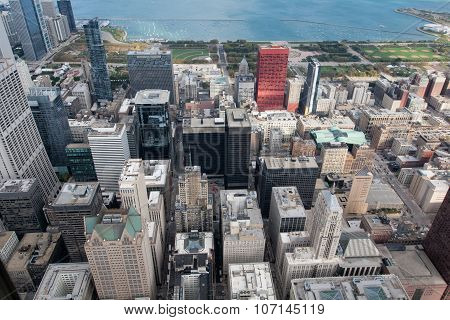 City Of Chicago. Aerial View Of Chicago Downtown At Nigh From Hi