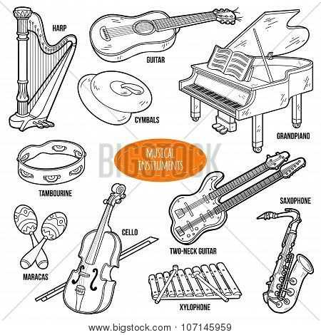 Colorless Set With Musical Instruments, Vector Cartoon Collection