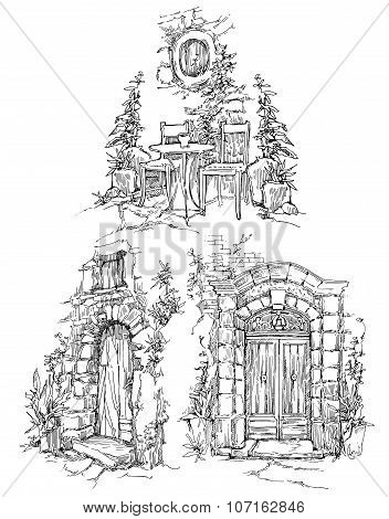 Hand made sketch of old street.