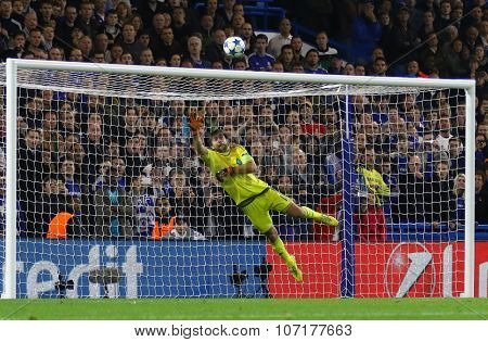 LONDON, ENGLAND - NOVEMBER 04 2015: goalkeeper Oleksandr Shovkovskiy of Dynamo Kyiv concedes a goal during the UEFA Champions League match between Chelsea and Dynamo Kyiv at Stamford Bridge