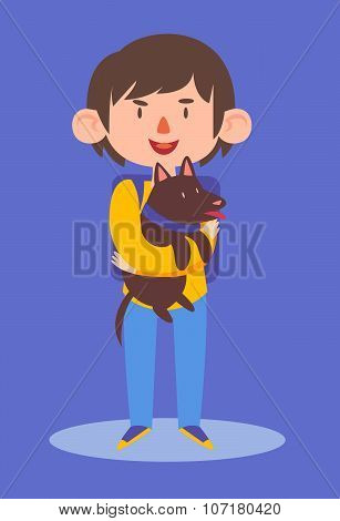 School Boy Holding His Dog