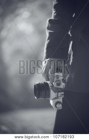 Hipster Female Photographer Exploring Autumn Nature Landscapes And Taking Pictures