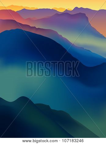 Landscape With Colorful Mountains At Sunset Or Dawn.