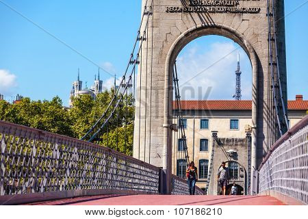 Old Passerelle Du College Bridge Over Rhone River In Lyon, France