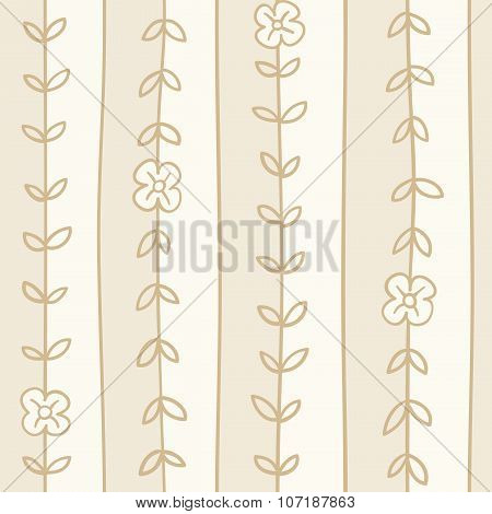 Vertical ivy branches with flowers. Vector romantic hand draw striped seamless floral background