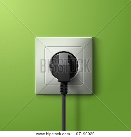Realistic electric plastic white socket and black plug with transparent shadow on green wall backgro