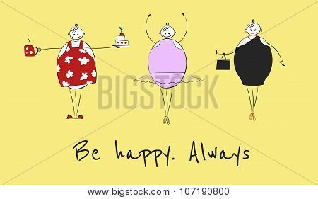 Happy big woman in different situations