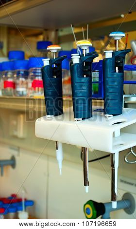 Laboratory Pipettes Hanging On A Rack