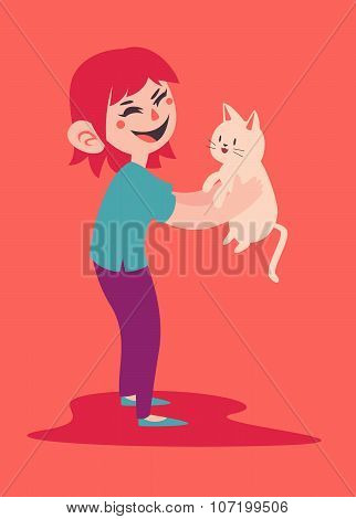 Happy Girl Holding Her Pet Cat