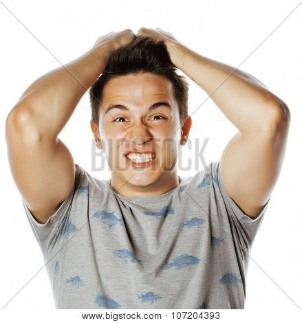 young attractive man isolated thinking emotional on white close up gesturing