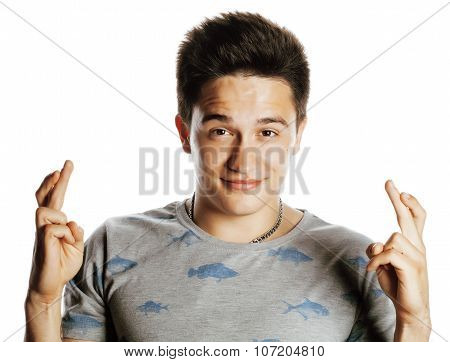 young attractive man isolated thinking emotional on white close up gesturing