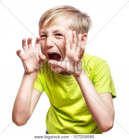 Scary boy using fingers to scare
