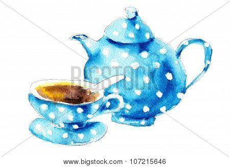 Watercolor Blue Kettle And Cup