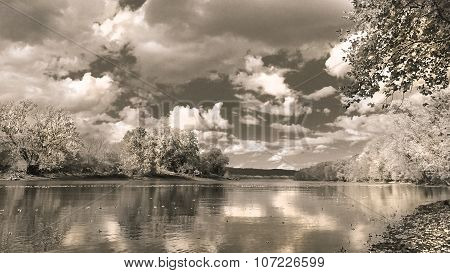 Daytime. Nighttime. River Landscape. Sepia. Metallic Luster.