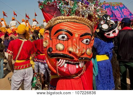 Horror Demons Faces Of Hinduism On Carnival Crowd Of The Popular Desert Festival In Rajasthan.