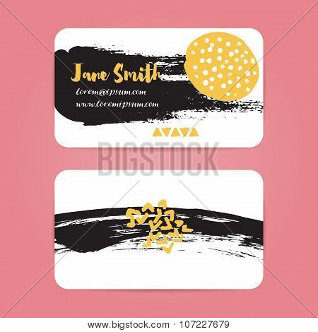 Business card with brush ink strokes. Abstract black splotches and stains with yellow spots. Vector