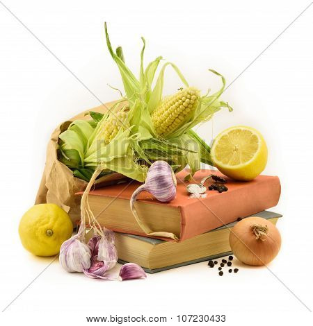 Vintage Recipe Books And Fresh Ingredients Isolated On White