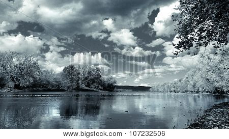 Daytime. Nighttime. River Landscape. Metallic Luster.