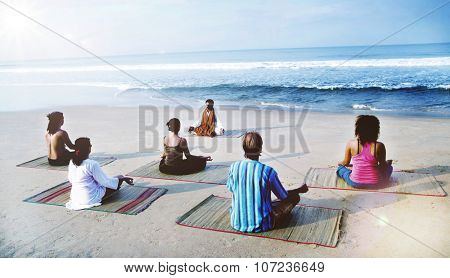 Healthy Yoga Class By The Beach Meditation Concept