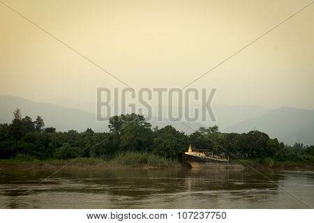 Pagoda Public Temple In Laos, Taken From Thailand
