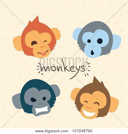 Monkey Face Cartoon Head Set Emotion Collection