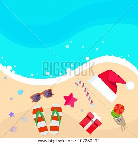 Christmas Santa Hat on Ocean Beach Flip-flops Sand Sea Star Starfish