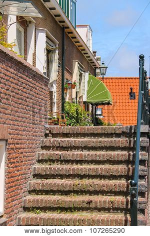 Brick Stairway To Entrance Door In Kerkstraat Street, Zandvoort, The Netherlands.
